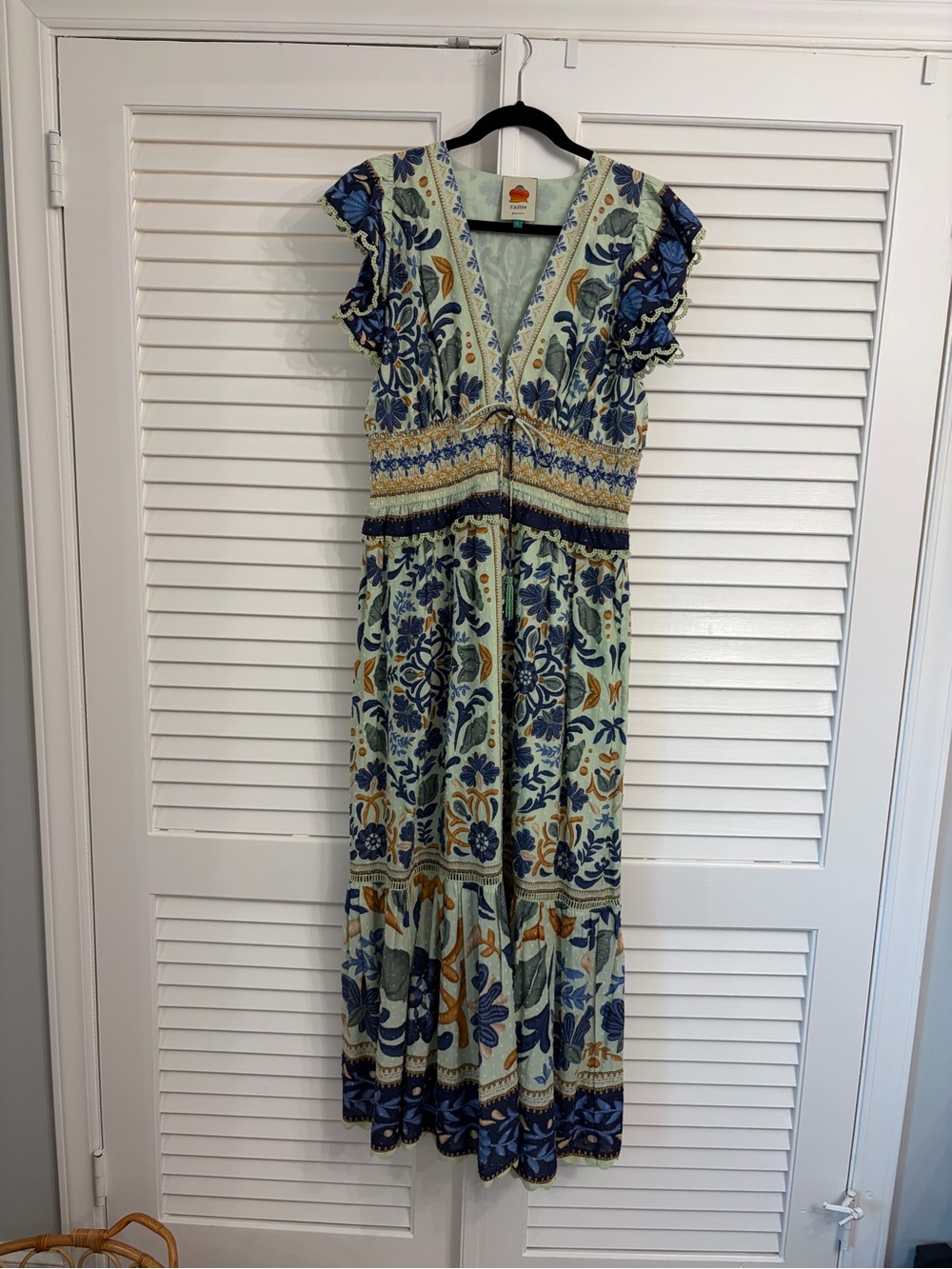 Farm Rio Floral V-Neck Maxi Dress in Multi-Blue, Sz L - Picture 2 of 6